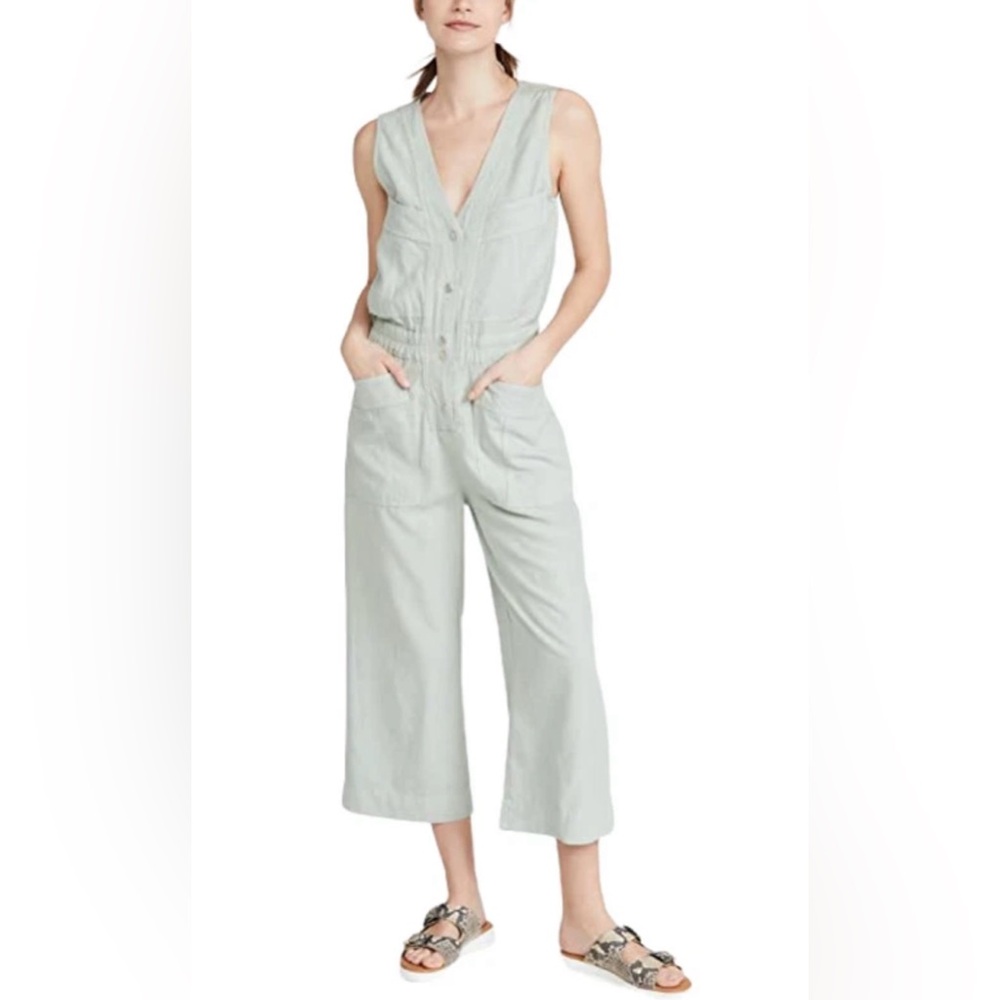 DL1961 Debbie Jumpsuit Silt Green Linen Blend Wide Leg Cropped Size XS